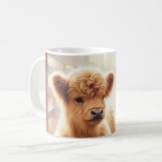Süßes Highland-Babyrind auf einem Blumenfeld Kaffeetasse