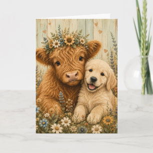 Süßes Highland-Kalb & Golden Retriever-Welpe Karte