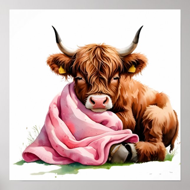 Süßes Highland-Kalb mit Blumen Poster (Vorne)