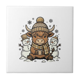 Süßes Highland-Kalb Schneemann Winter-Shirt-Design Fliese
