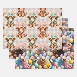 Süßes Highland-Kuh-Osterhase Frühling Geschenkpapier Set
