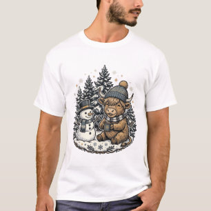 Süßes Highland-Kuh-Schneemann-Winter-Shirt-Design_ T-Shirt