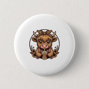 Süßes Highland-Rind-Kaffee-Sonnenblumen-Vintage-Sh Button