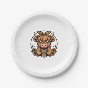 Süßes Highland-Rind-Kaffee-Sonnenblumen-Vintage-Sh Pappteller