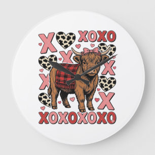 Süßes Highland-Rind XOXO Valentinstag Vintage-Shir Große Wanduhr
