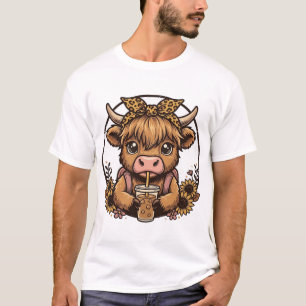 Süßes Hochland-Kuh-Kaffee-Sonnenblumen-Vintage-Shi T-Shirt