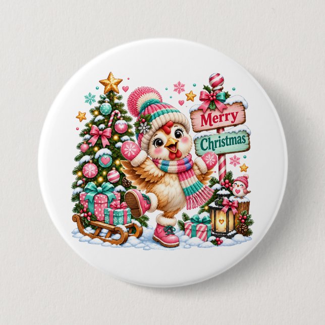 Süßes Huhn Frohe Weihnachten Button (Vorderseite)