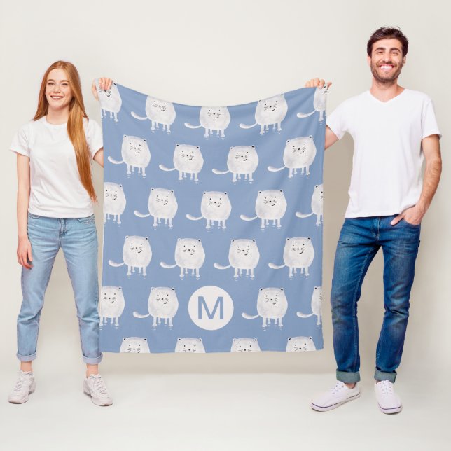 Süßes hüpfendes weißes Katzenmuster Monogramm Blau Fleecedecke (Beispiel)