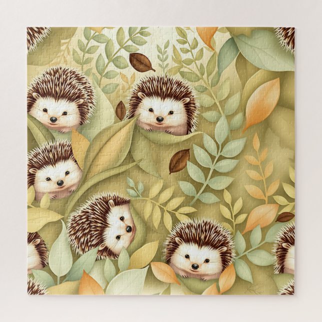 Süßes Igel-Herbstlaub-Muster Puzzle (Vertikal)