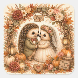Süßes Igel-Hochzeitspaar unter floraler Arkade im Quadratischer Aufkleber