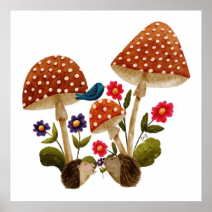 Süßes Igelpärchen und Pilze Poster