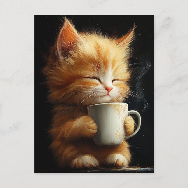 Süßes Ingwerkätzchen mit einem Kaffee Postkarte (Vorderseite)