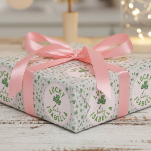 Süßes irisches Glücksbaby Rosa und grüner Kleeblat Geschenkpapier