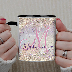 Süßes, irisierendes, falsches Gold-Glitter-Monogra Tasse