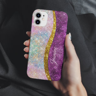 Süßes, irisierendes Fuchsia-Gold-Kunst-Glitter-Mon iPhone 13 Hülle