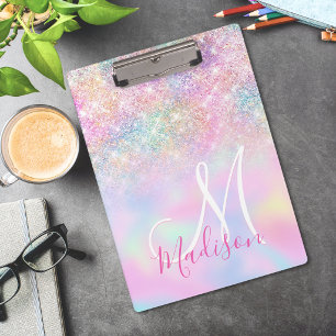 Süßes, irisierendes Unicorn Ombre Glitter Monogram Klemmbrett