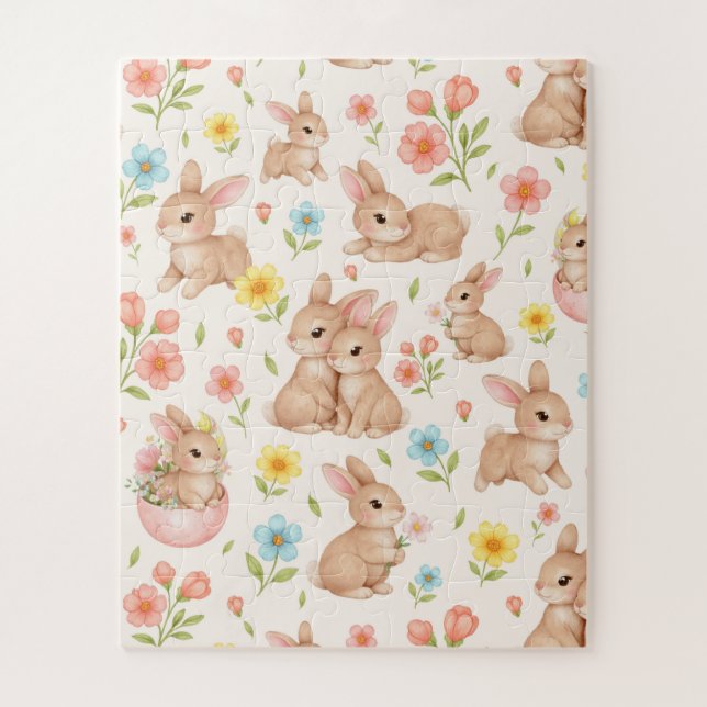 Süßes Kaninchen Blumen Frühling Muster Puzzle (Vertikal)