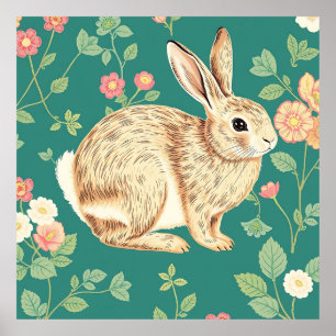 Süßes Kaninchen Blumendes Teal-Muster Poster