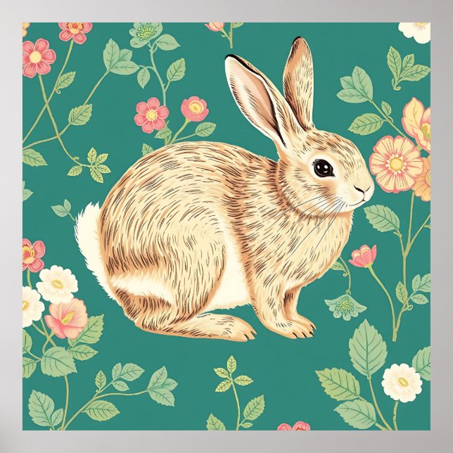 Süßes Kaninchen Blumendes Teal-Muster Poster (Vorne)
