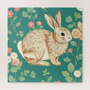 Süßes Kaninchen Blumendes Teal-Muster Puzzle
