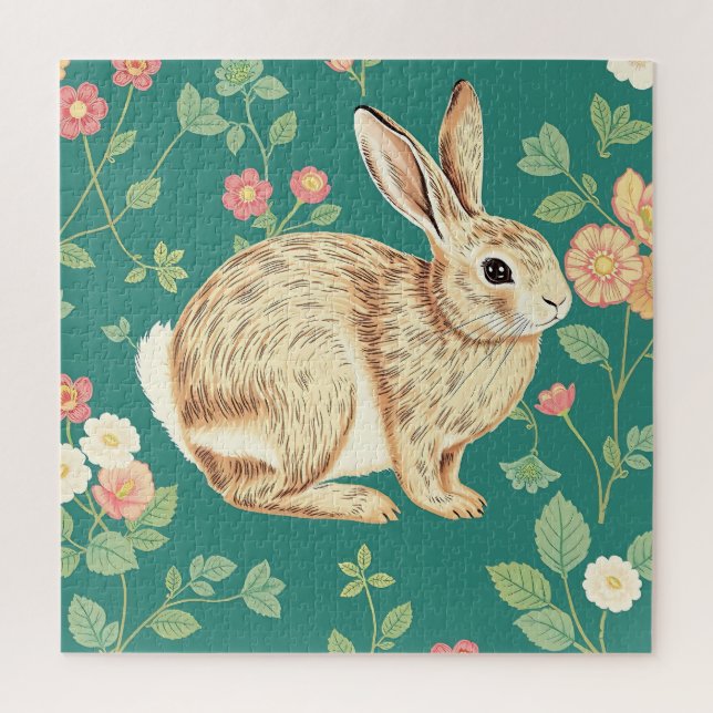 Süßes Kaninchen Blumendes Teal-Muster Puzzle (Vertikal)