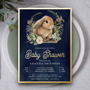 Süßes Kaninchen Floral Navy Blau Babyparty Gold Folieneinladung