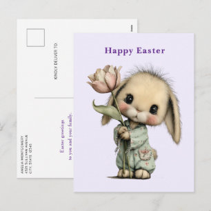 Süßes Kaninchen hält eine Tulpe Ostern Feiertagspostkarte
