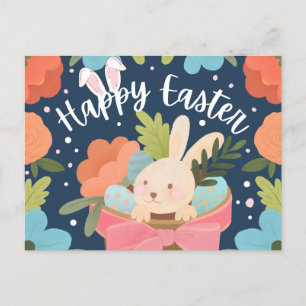 Süßes Kaninchen im Geschenkkorb “Frohe Ostern”  Feiertagspostkarte
