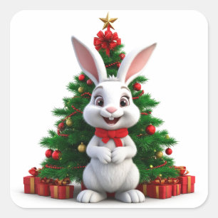 Süßes Kaninchen in Weihnachtsmütze neben geschmück Quadratischer Aufkleber