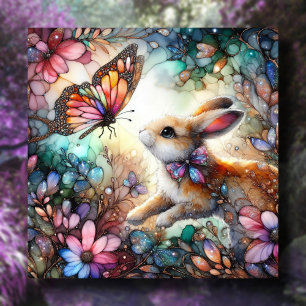 Süßes Kaninchen jagt Schmetterling Buntglas Ostern Feiertagskarte