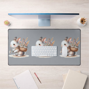 Süßes Kaninchen mit Blumen Aquarell Kunst Schreibtischunterlage