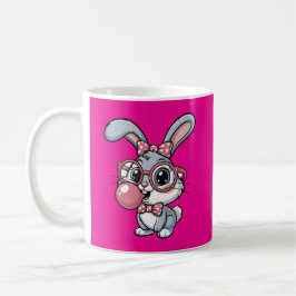Süßes Kaninchen mit Brille, das Bubble Gum bläst Kaffeetasse