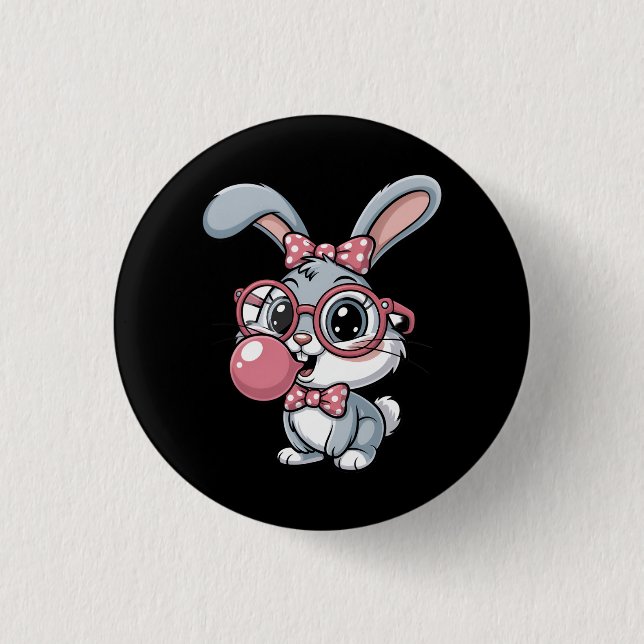 Süßes Kaninchen mit Brille, das Kaugummi bläst Button (Vorderseite)