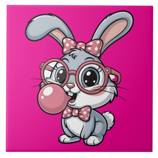 Süßes Kaninchen mit Brille, das Kaugummi bläst Fliese (Vorderseite)