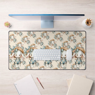 Süßes Kaninchen mit Latzhose, Strohhut und Fliege Schreibtischunterlage