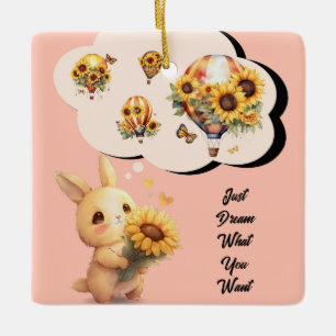 Süßes Kaninchen mit Sonnenblumen-Ornament Keramikornament