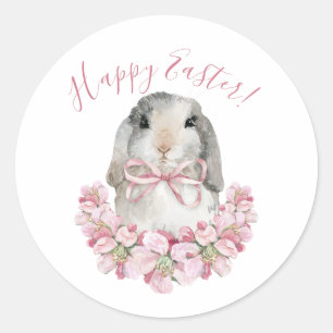 Süßes Kaninchen Rosa Floral Frohe Ostern Schrift  Runder Aufkleber