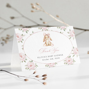 Süßes Kaninchen, rosa Schleife, rosa Blumen, Babyp Dankeskarte