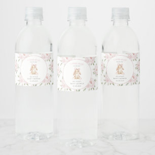 Süßes Kaninchen, rosa Schleife, rosa Blumen, Babyp Wasserflaschenetikett