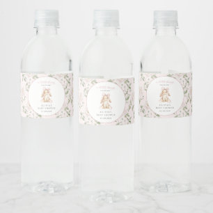 Süßes Kaninchen, rosa Schleife, rosa Blumen, Babyp Wasserflaschenetikett