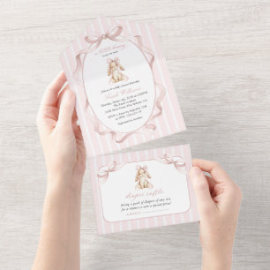 Süßes Kaninchen, rosa Schleife, rosa Streifen, Bab All In One Einladung