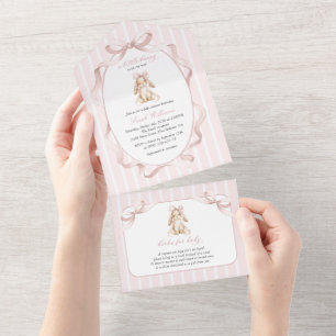 Süßes Kaninchen, rosa Schleife, rosa Streifen, Bab All In One Einladung