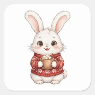 Süßes Kaninchen roter Weihnachtspullover Heißer Ka Quadratischer Aufkleber