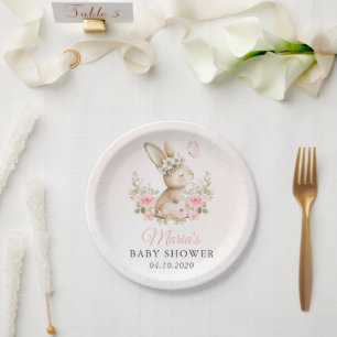 Süßes Kaninchen, Schmetterling, rosa Blumen, Babyp Pappteller