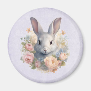 Süßes Kaninchen umgeben von pastellfarbenen Blumen Magnet