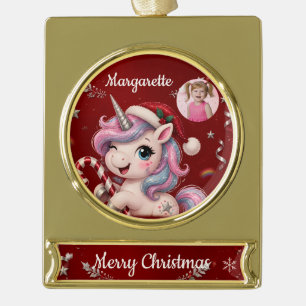 Süßes karmesinrotes Weihnachts-Einhorn-Mädchen-Fot Banner-Ornament Gold