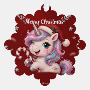 Süßes karmesinrotes Weihnachts-Einhorn-Mädchen-Fot Ornament Karte