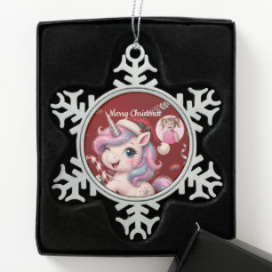 Süßes karmesinrotes Weihnachts-Einhorn-Mädchen-Fot Schneeflocken Zinn-Ornament