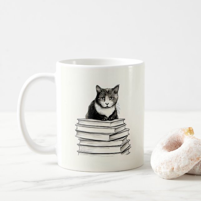 Süßes Kätzchen auf Büchern Kaffeetasse (Mit Donut)
