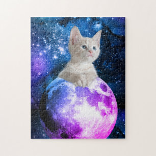 Süßes Kätzchen auf dem Mond, leuchtende Sterne, Un Puzzle